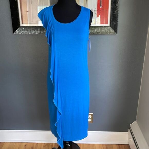 Three Dots royal blue wide side/shoulder ruffle stretch jersey sleeveless midi. - Picture 1 of 8